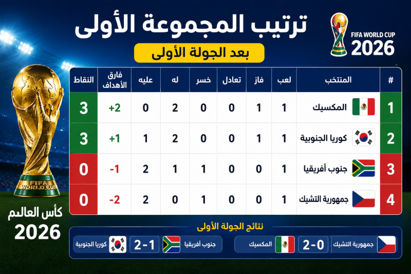 ترتيب المجموعة الأولى في كأس العالم 2026 بعد الجولة الأولى ونتائج المباريات