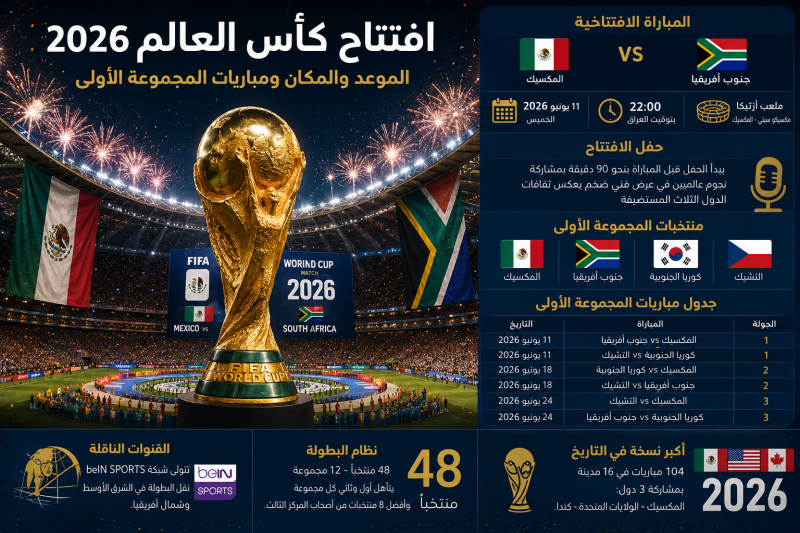 افتتاح كأس العالم 2026.. الموعد الرسمي وحفل الافتتاح وجدول مباريات المجموعة الأولى والقنوات الناقلة